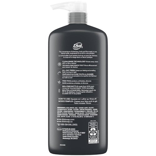 Dial Men 3-in-1 Body, Hair & Face Wash - Recharge Formula | 69 Fl Oz (3 x 23 Fl Oz Bottles)