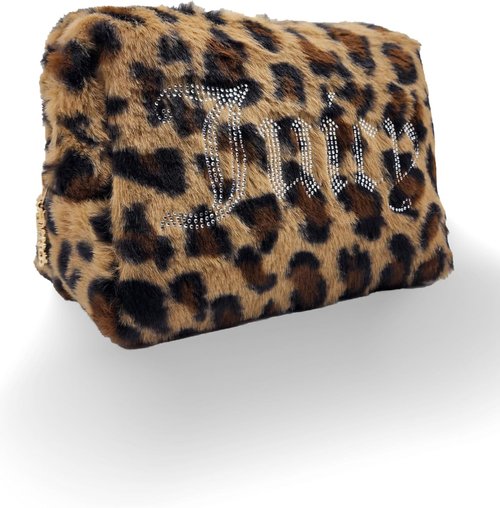 Juicy Couture Makeup Bag - Leopard Print Faux Fur Organizer for Travel Essentials | Zip Top Design