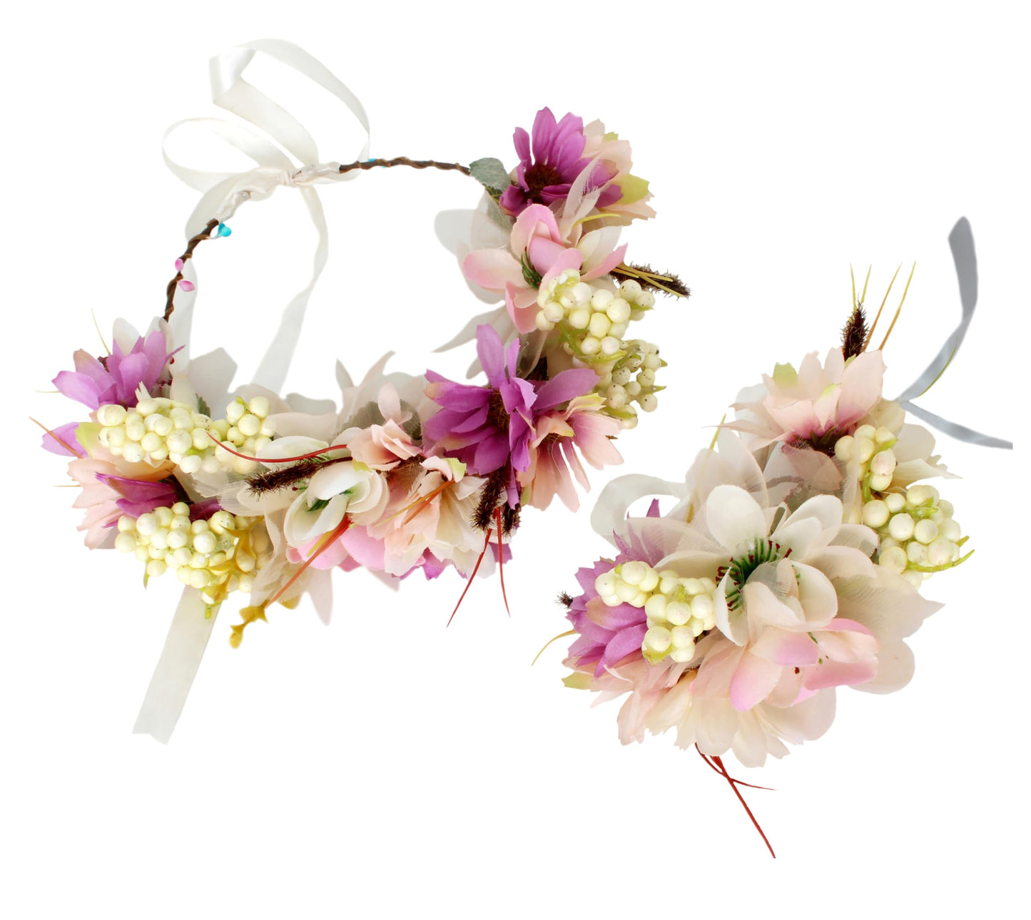 LLinfflr Fairy Flower Crown Woodland Headband Forest Headpiece for Women Girls Elven with Wristband Floral Circlet Bridal Wedding Prom Halloween Cosplay Photos Yellow