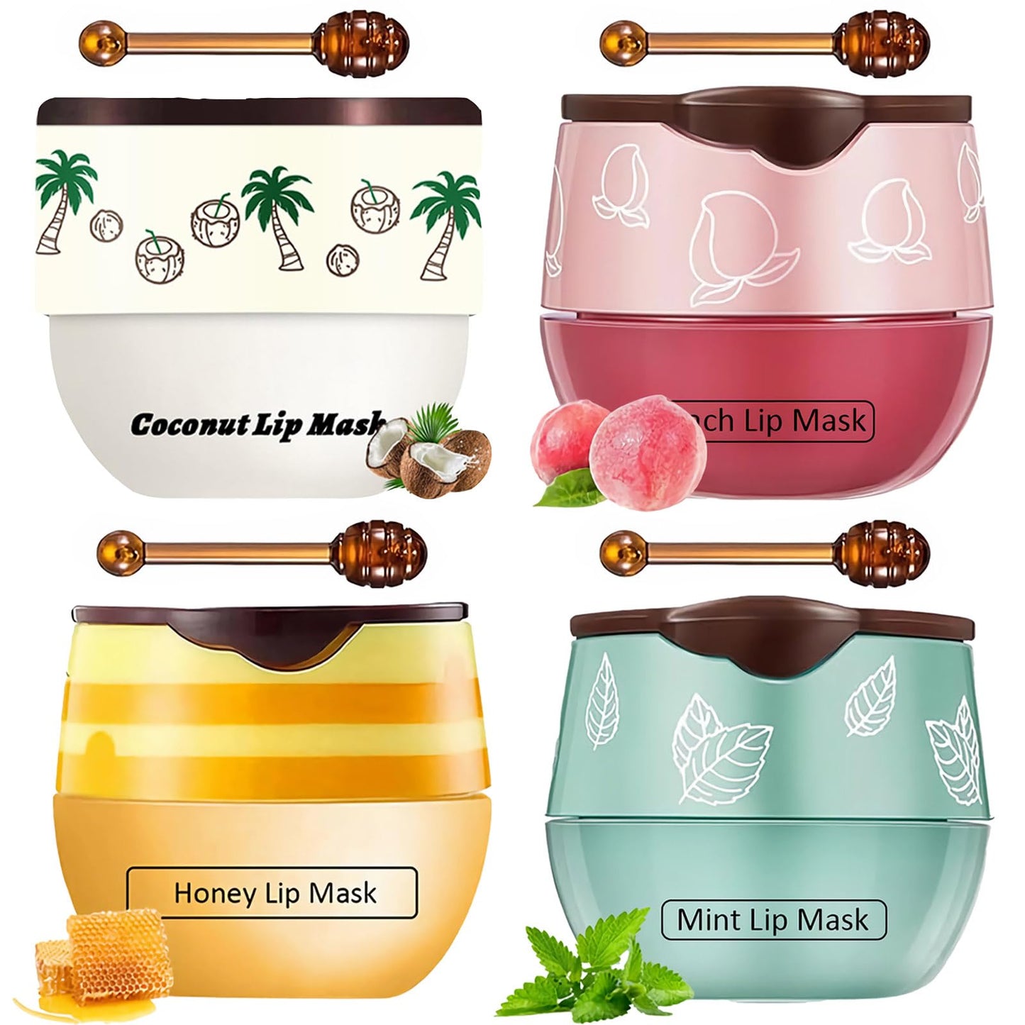 Tnoctuh 4 PCS Bee Lip Balm Lip Mask Honey Pot, Coconut Honey Peach Mint Moisturizing Sleeping Lip Mask Overnight with Sticks, Lip Balm Exfoliating Prevention Dry and Crack Lip Scrubs