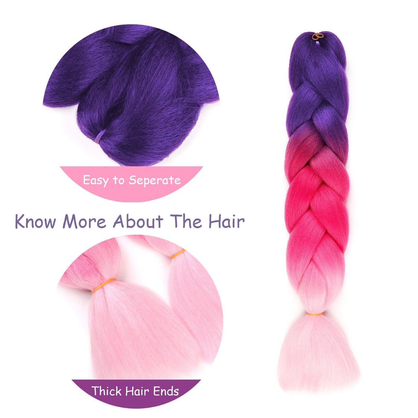 Purple Violet Braiding Hair Extensions Ombre Braiding Hair 3 Packs 24 inch Synthetic Hair for Braiding