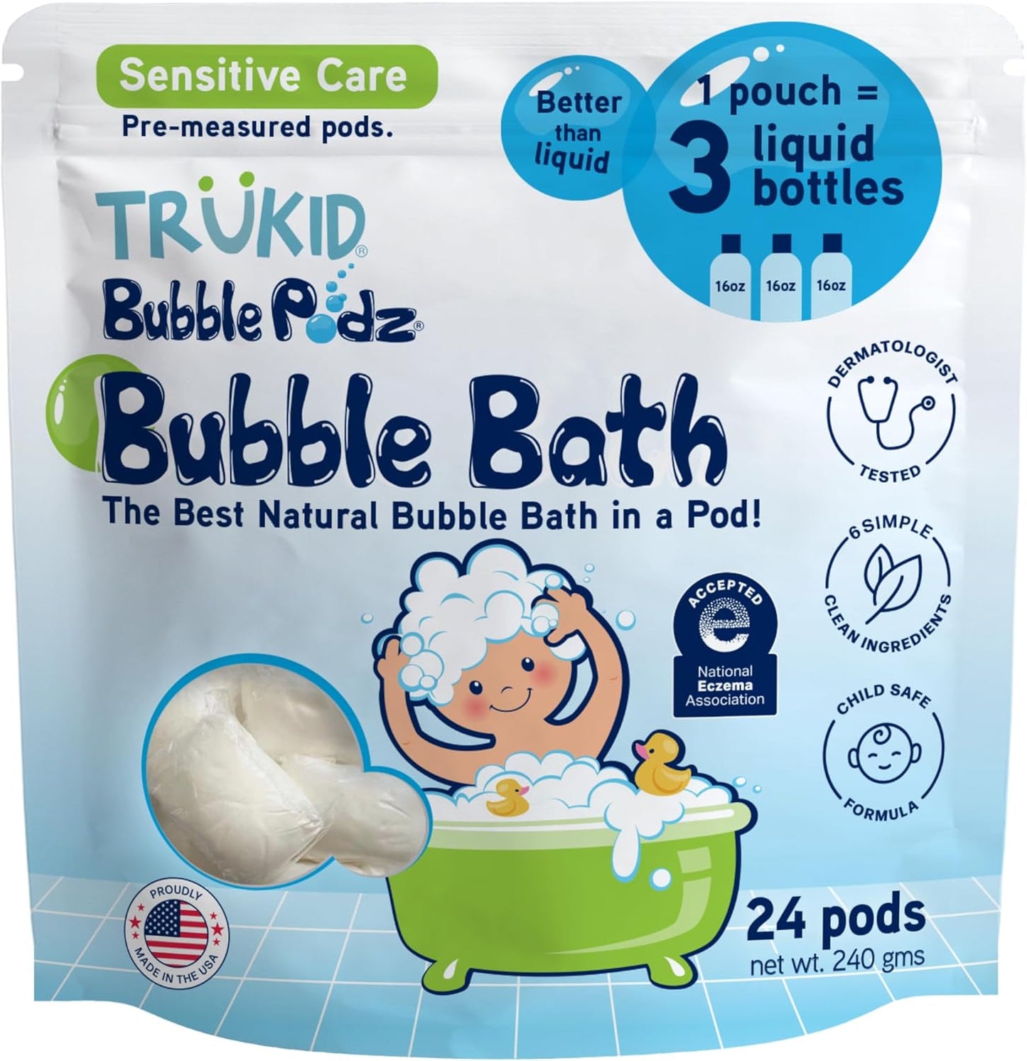 TruKid Bubble Podz | Gentle Bubble Bath for Kids & Toddlers | Eczema-Friendly, pH Balanced, Unscented (24 Podz)