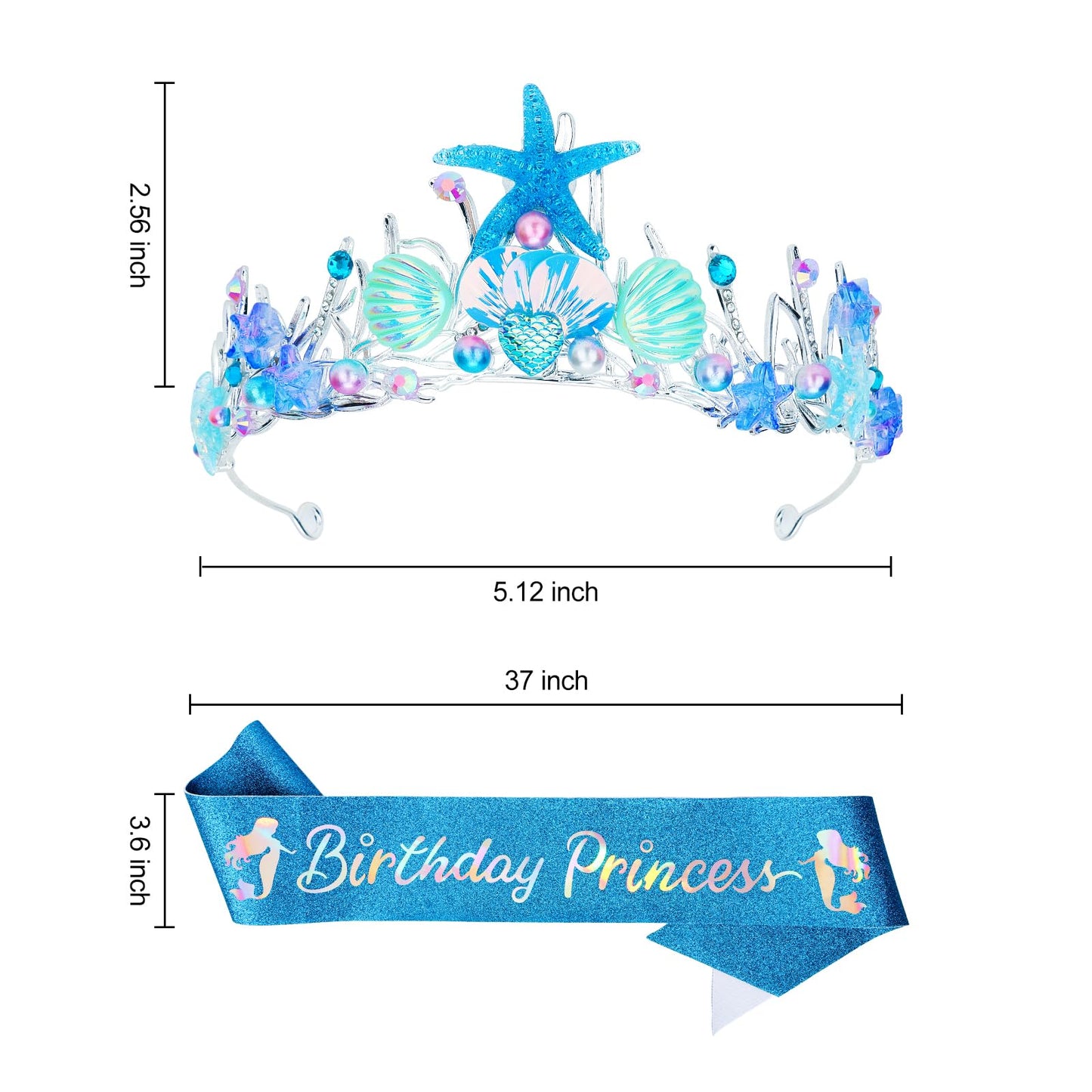 GAFATORY Blue Mermaid Crown and Sash for Women Birthday Crown and Sash for Birthday Princess Mermaid Adult Crown Ocean Theme Mermaid Birthday Decoration Seashell Fishtail Crown Halloween