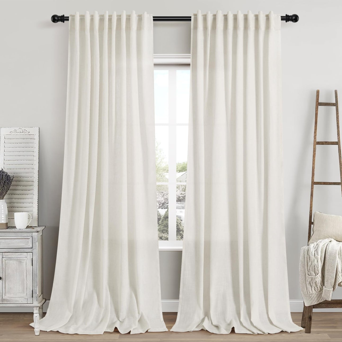 Nanspring Natural Linen Curtains for Kitchen Windows Over Sink - Cafe Curtain Semi Sheer with Rod Pocket and Back Tab Lightweight Rustic Textured Bistro Curtains for Bathroom, 2 Panels 25 x 24 Inch