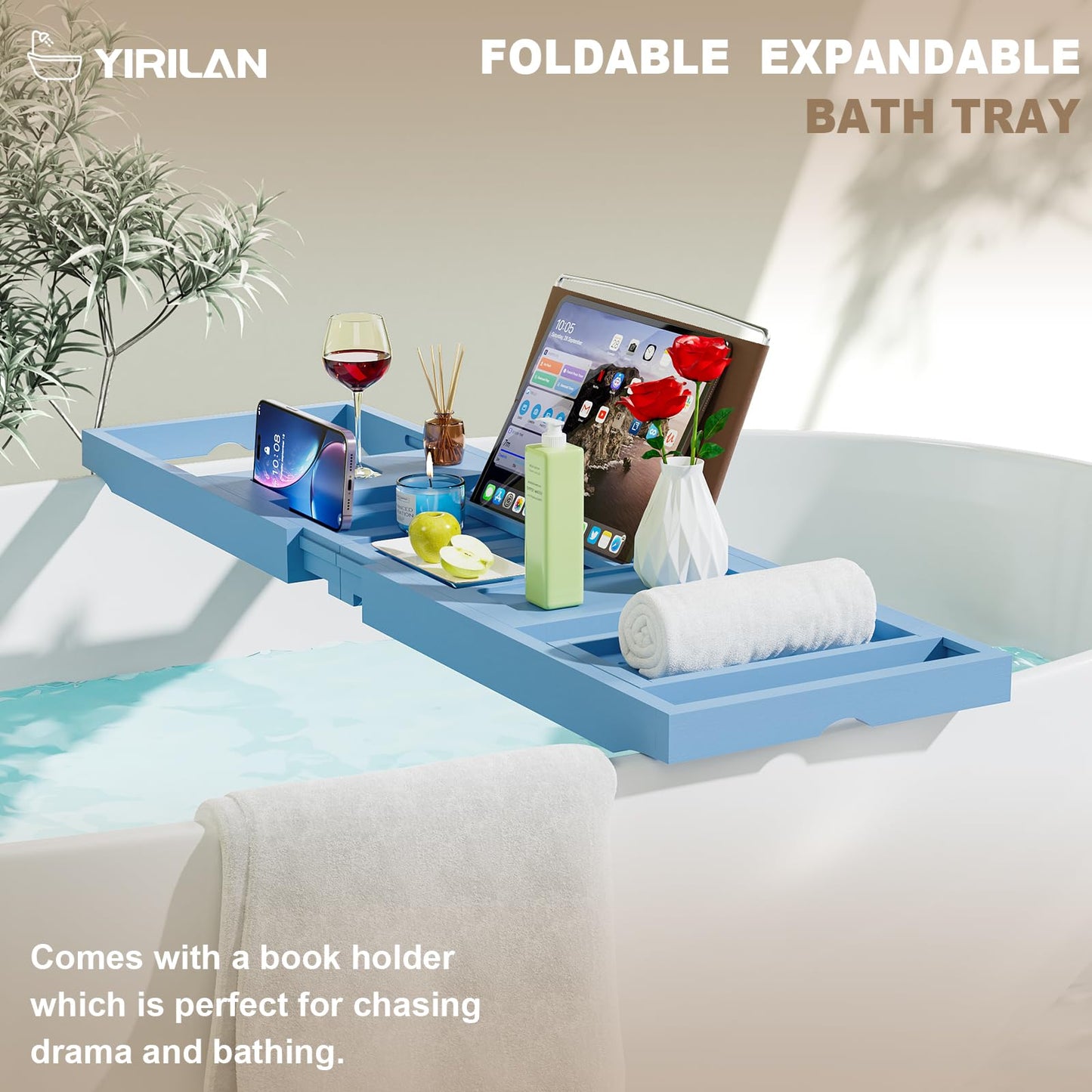 Yirilan Bamboo Bathtub Tray Caddy, 1 or 2 Person Expandable Wooden Bathroom Tray, Luxury Bamboo Bathtub Tray Expandable, Bath Tub Table Caddy with Extending, Blue