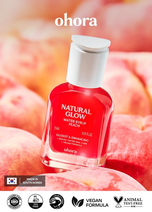 ohora Natural Glow Water Syrup Nail Strengthener (Peach) - Tinted Nail Hardener for Brittle, Damaged Nails, Quick-Dry Glossy Finish, Nail Repair & Growth, 15 mL