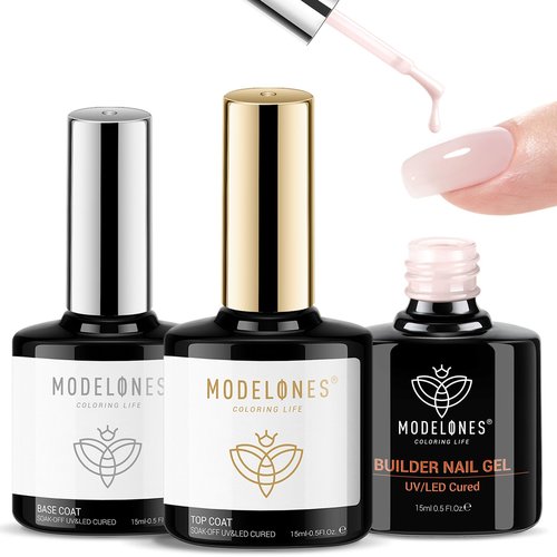 modelones Top Coat with Builder Nail Gel, Nude Pink Color Builder Top Nail Kit for Apex Building Thickening Extension, LED Lamp Cured Color Base Shine Finish Top Coat 10ml Home DIY Salon