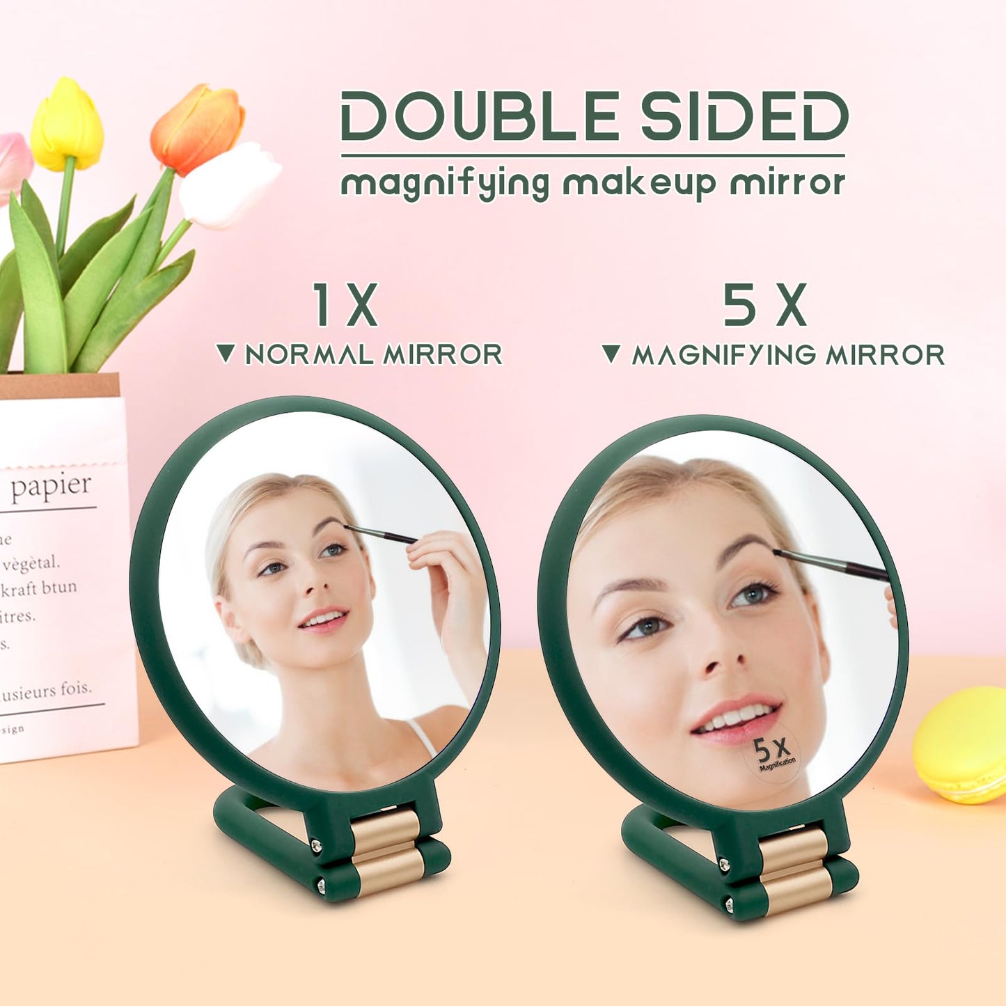 Novadex 1x 5X Magnifying Mirror, Handheld Hand Mirror with Handle, Travel Hand Held Vanity Mirror, Compact Double Sided Portable Magnification Small Make Up Mirrors for Precision Makeup (Army Green)