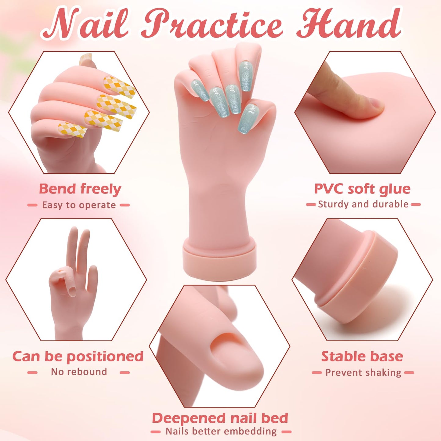 Zhaoyao Practice Hand for Acrylic Nails, Flexible Bendable Nail Practice Hand for Beginners with 100 PCS Nail Tips & 192 PCS Jelly Glues, Silicone Manicure Training kit for Nail Art