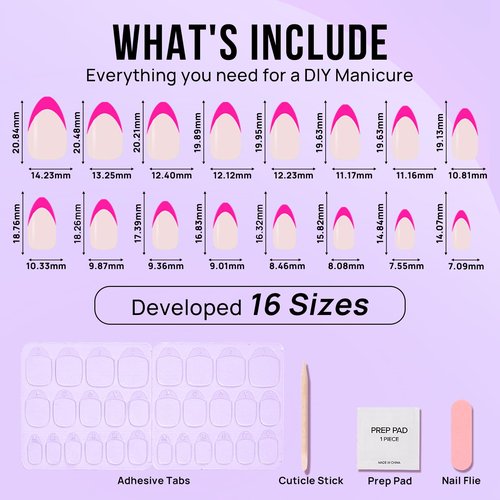 French Tip Press On Nails Almond - BTArtbox Hot Pink Short Stick On Nails for Women, Glue On Nails with Nail Glue in 16 Sizes - 32 Soft Gel Fake Nails Kit, Berry French