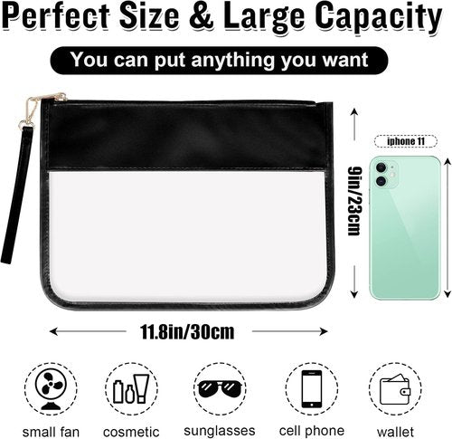 Izuzta Clear PVC Flat Pouch - Waterproof Travel Makeup Bag With Wristlet | Portable Toiletry Cosmetic Pouch (Black)