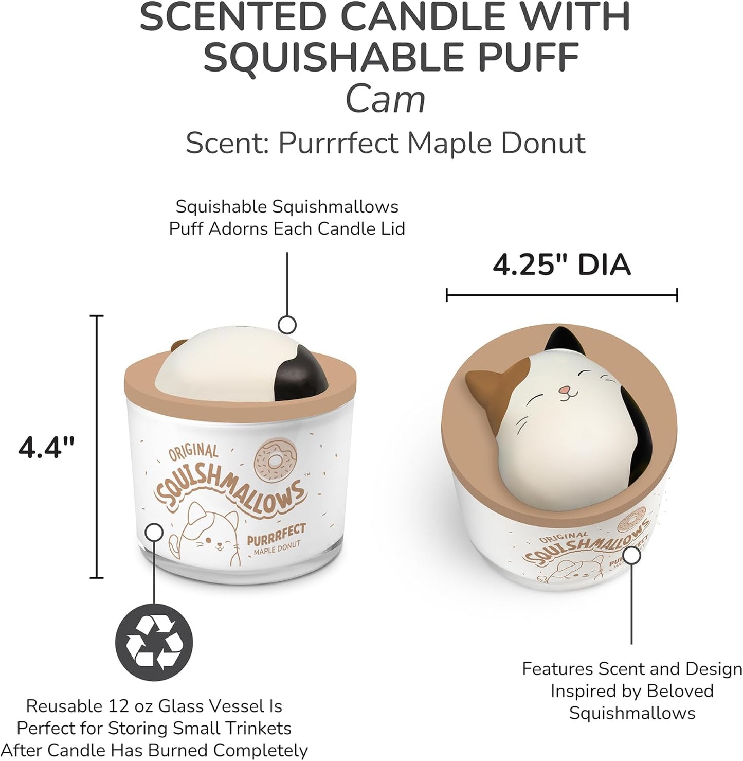 Studio Oh! x Squishmallows Scented Candle, Cam Purrrfect Maple Donut Maple, Cinnamon, Nutmeg & Vanilla, 12 oz, 38 Hour Burn, Reusable Jar, Scented Candles for Home, Relaxing Calming Candle