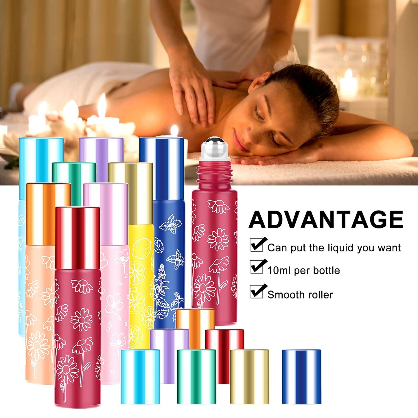 Essential Oil Roller Bottles,10ml Roll on Bottle with Stainless Steel Balls,8 Pack Portable Refillable Colorful Frosted Perfume Sample Bottles DIY Empty Containers for Lip Oil,Opener&Dropper included