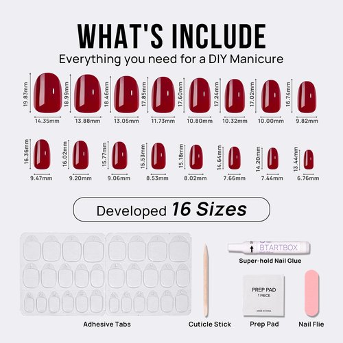 BTArtbox Press On Nails Short - Red Press on Nails Short Oval Nails Fake Nail with Nail Glue, Fit Perfectly, Reusable Glue On Nails in 16 Sizes, Cardinal