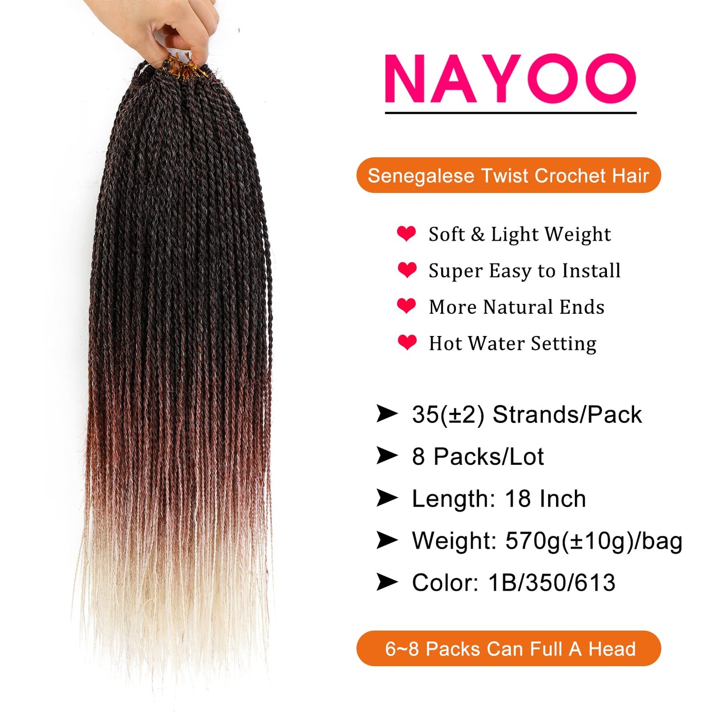 NAYOO Small Crochet Hair Senegalese Twist 18 Inch 8 Packs Ombre Braids Crochet Hair Pre-Looped, 35 Strands/Pack Crochet Twist Hot Water Setting, Ombre Crochet Hair for Black Women(18 Inch, 1B/350/613)