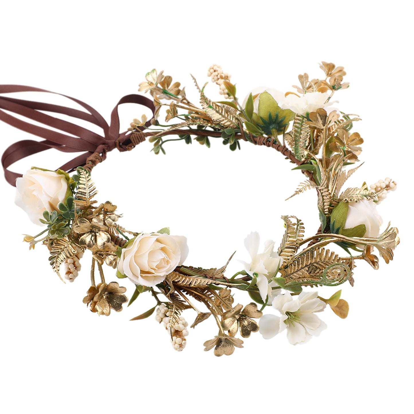 KorViSHOW Vintage Rose Flower Crown - Golden Leaves White Classic Flower Headband Fairy Elegant Flower Headpiece for Women Girls Christmas Mucic Festivals Photo Prop