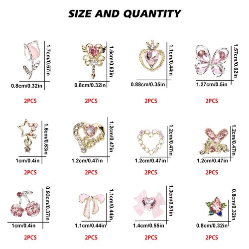 CUBLIVE 24PCS Nail Charms Y2k Alloy Nail Art Rhinestone Charms 3D Heart Star Bow with Rhinestones Cherry Nails Gems Shiny Jewelry Nails Decorations Accessories Supplies (AD24)