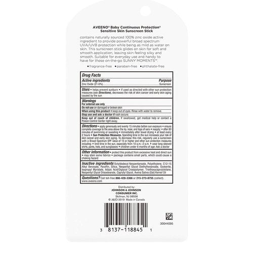 Aveeno Baby Continuous Protection Mineral Sunscreen Stick for Sensitive Skin with Broad Spectrum SPF 50 Protection for Face & Body, Naturally Sourced 100% Zinc Oxide, Travel Size, 0.47 oz (Pack of 2)