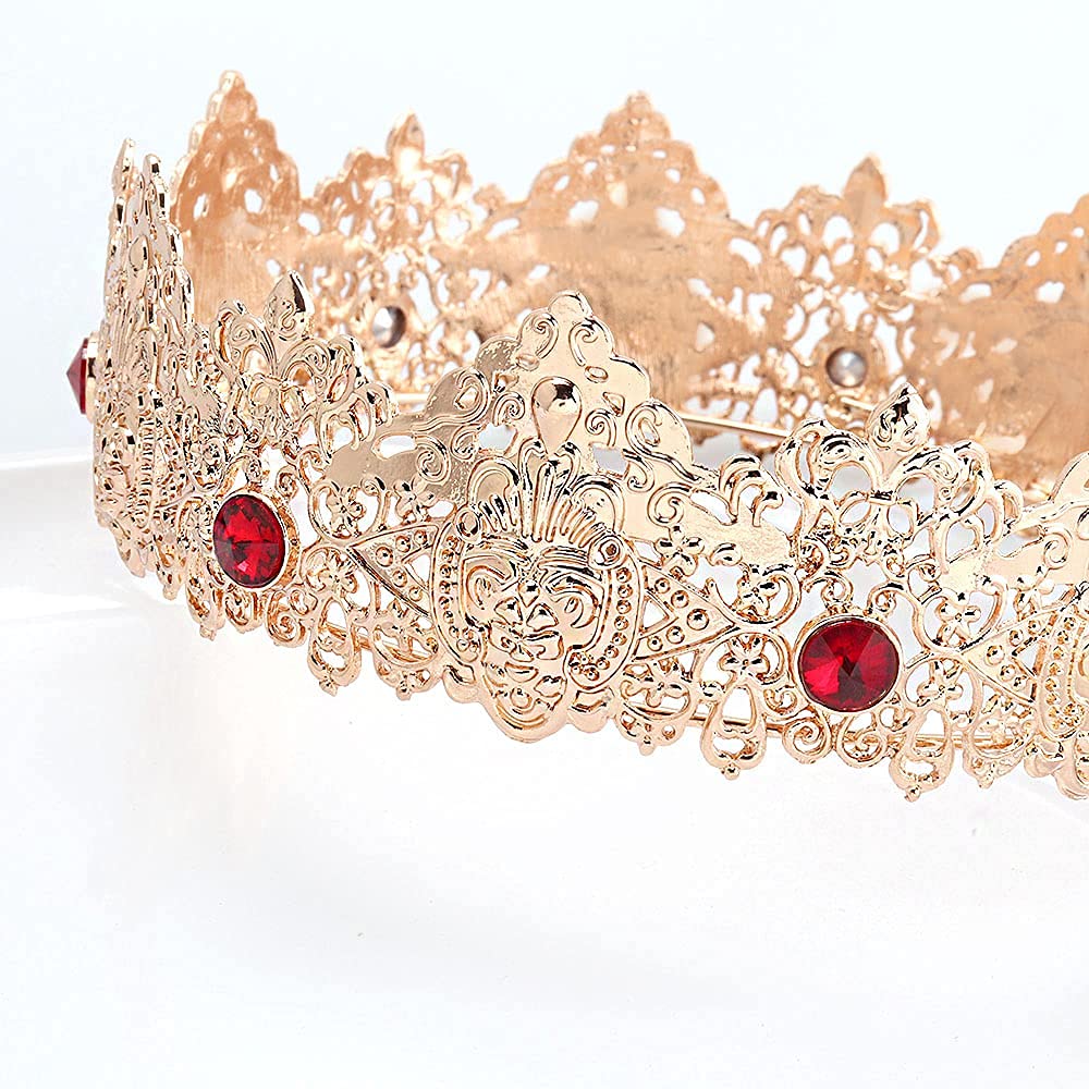 King Men Tiara Crown Imperial Medieval Headband Crystal Pageant Costumes For Birthday Party Prom Halloween Hair Accessories (Gold With Red Stone)