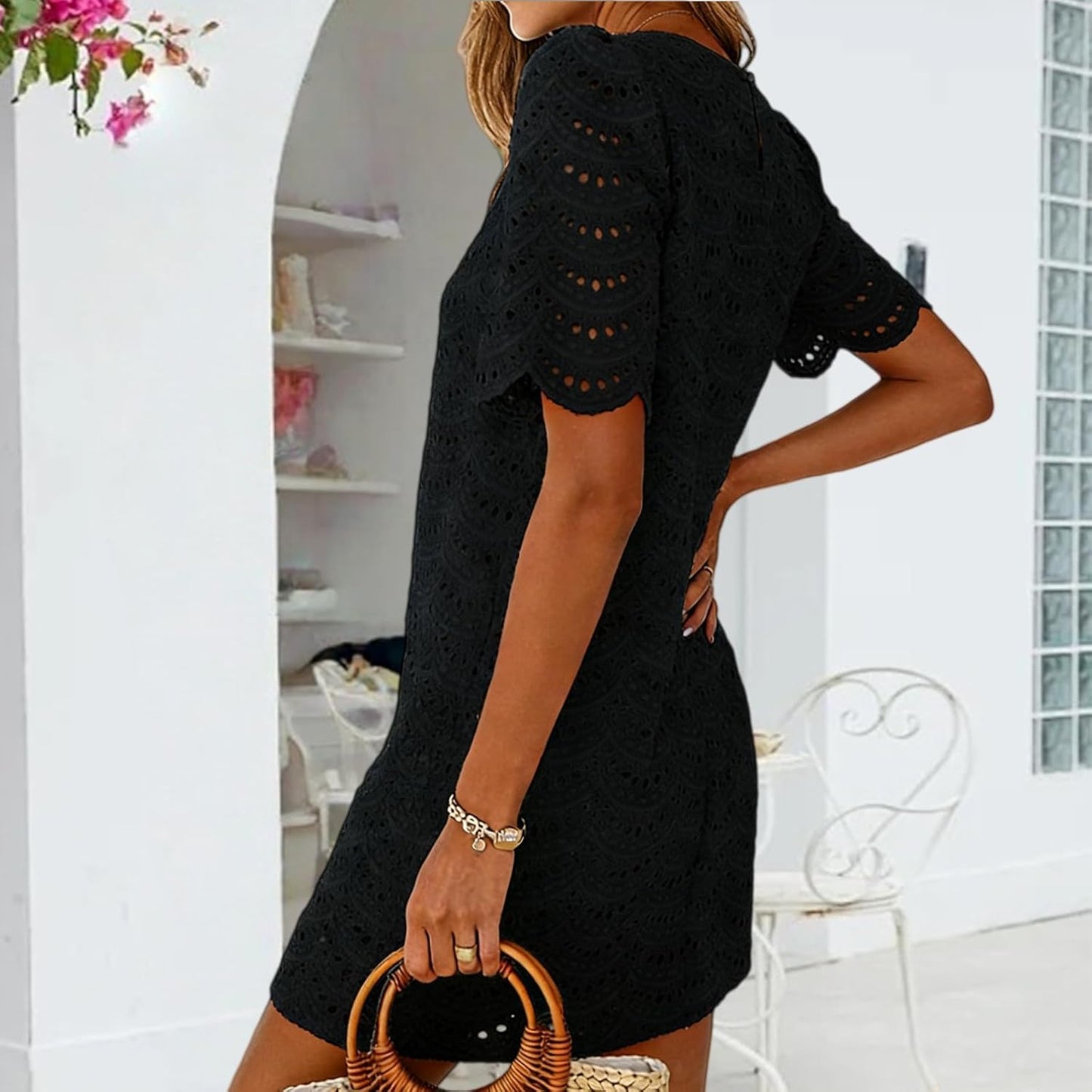 Skiennix Eyelet Dress for Women - Hollow Out Lace Boho Mini Dress | Casual Summer Short Sleeve