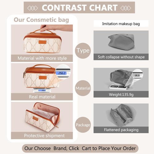 Cozomga PU Leather Travel Makeup Bag for Women, Large Capacity Cosmetic Organizer, Structured Waterproof Travel Toiletry Bag, Portable Handheld Makeup Pouch for Home & Travel (Medium)