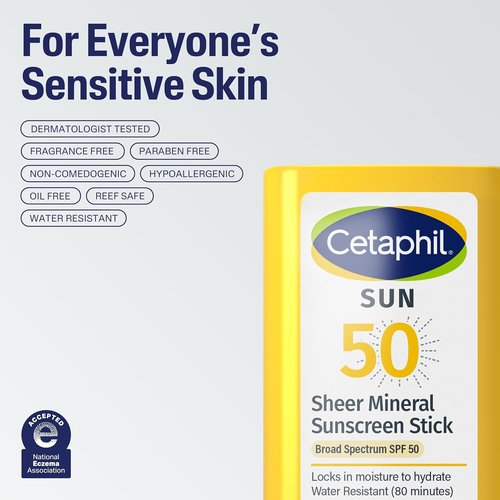 Cetaphil Sheer Mineral Sunscreen Stick - Broad Spectrum SPF 50 | 0.5oz Zinc Oxide & Titanium Dioxide for Sensitive Skin
