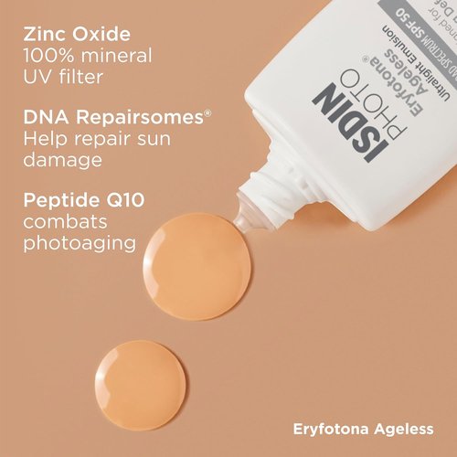 ISDIN Eryfotona Ageless Tinted Mineral Sunscreen SPF 50 - Anti-Aging Face Protection with Zinc Oxide & Vitamin E, Universal Tint