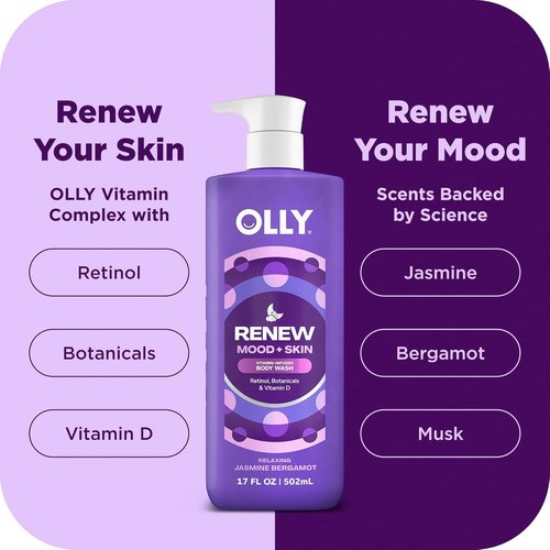 OLLY Renew Body Wash - Nourishing Vitamin D & Retinol Cleanser for Skin Repair | Jasmine Bergamot, 17oz