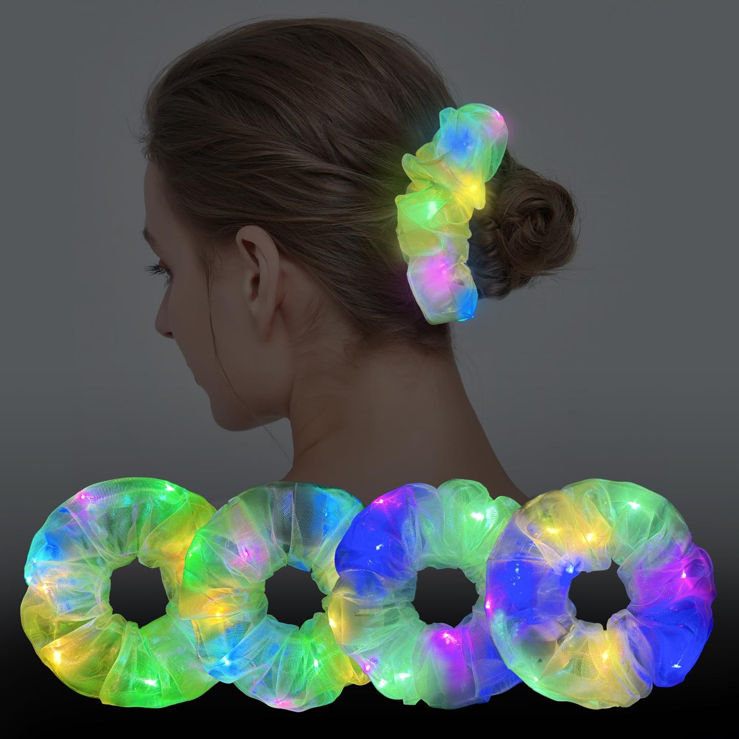 4Pcs Light Up Scrunchies Hair Tie, St Patricks Day Green LED Scrunchy Hair Elastic for Women & Girls, Glow in the Dark Party Supplies Party Favor Festival Rave Accessories