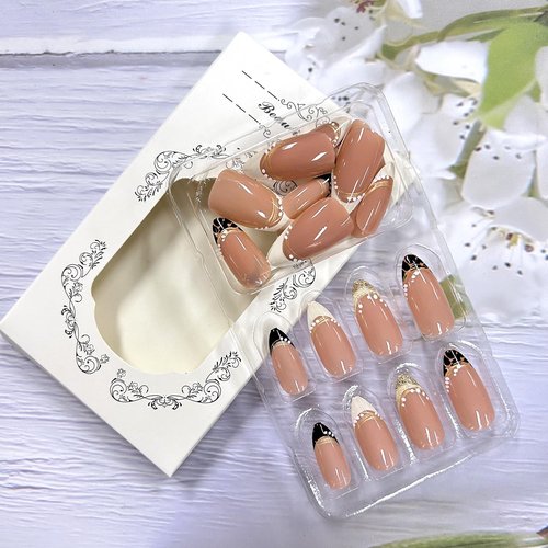 LOPMNGHT French Tip Press on Nails Almond Shaped Gold Glitter Powder Design Acrylic Nails Leopard French Stick on Nails Medium Charm Nails Press Ons Glossy Glue on Nails for Women 24Pcs Manicure Kit