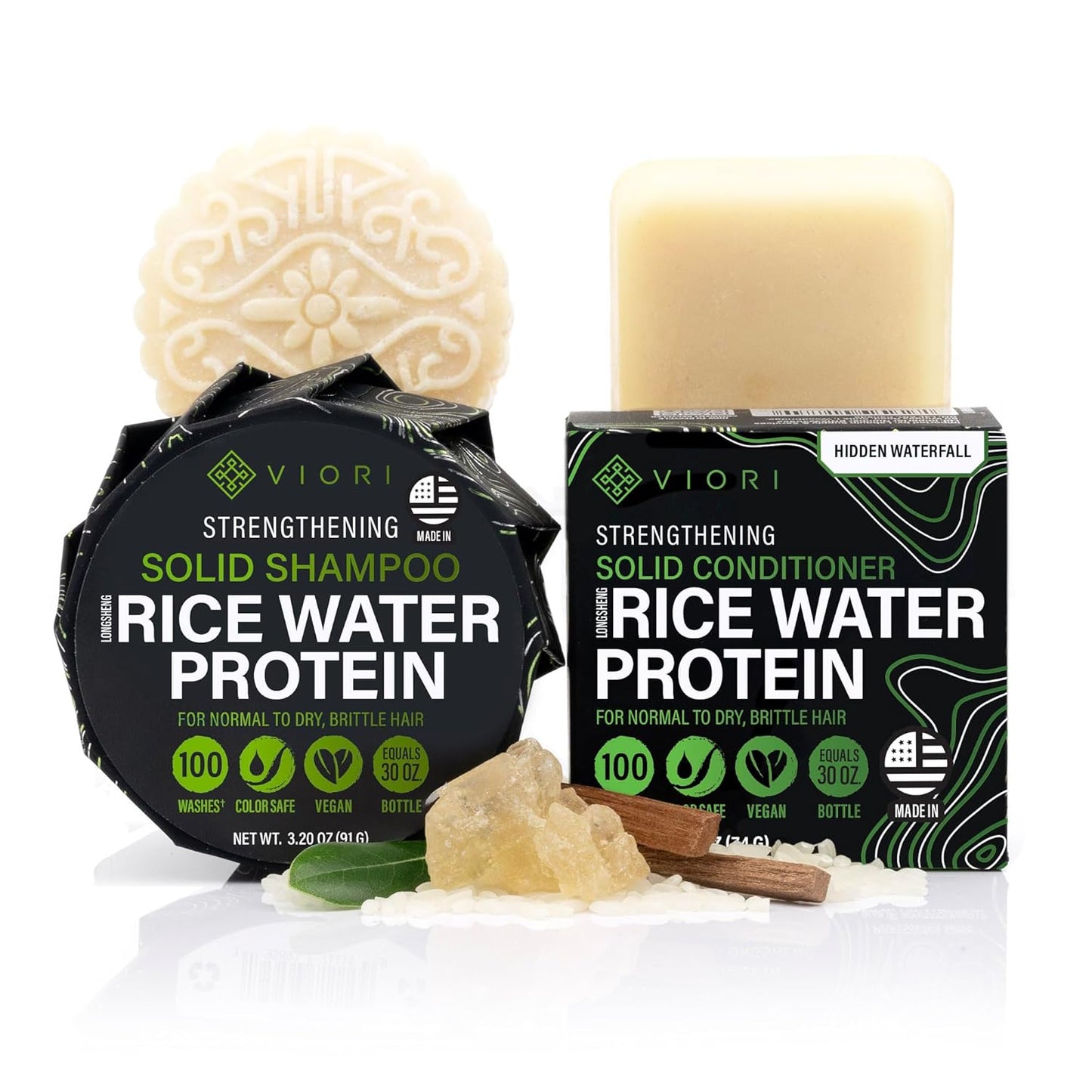 Viori Hidden Waterfall Shampoo & Conditioner Bar Set - Handcrafted, Sulfate-Free, Rice Water Infused