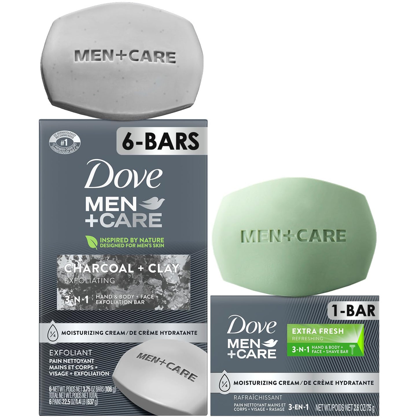Dove Men+Care Exfoliating 3-in-1 Charcoal Soap Bar Pack | 6 Large Bars + Travel-Size Soap for Skin Care