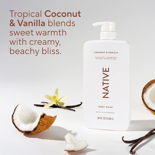 Native Body Wash - Coconut & Vanilla Scent - Gentle Sulfate-Free Formula for All Skin Types - 36 oz Pump Bottle