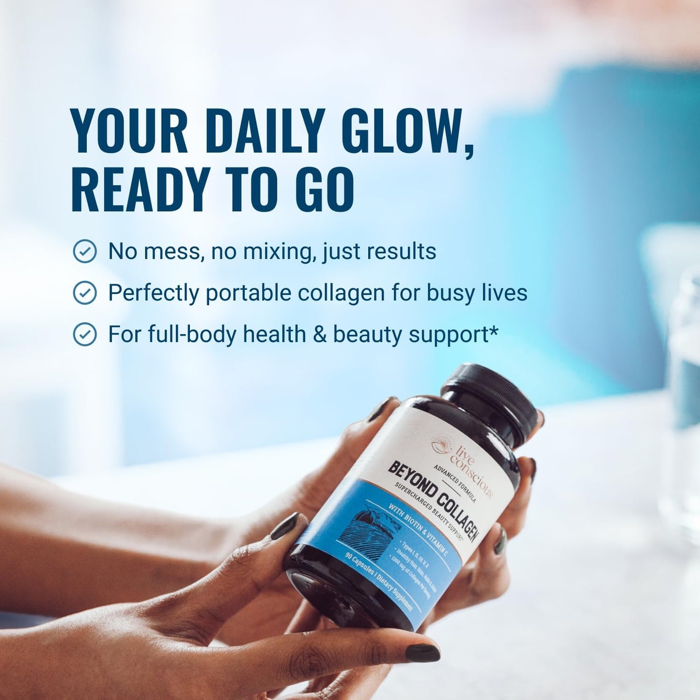 Live Conscious Beyond Collagen Multi Collagen Capsules - Hydrolyzed Blend with Biotin & Vitamin C | 90 Count for Hair, Skin, Nails