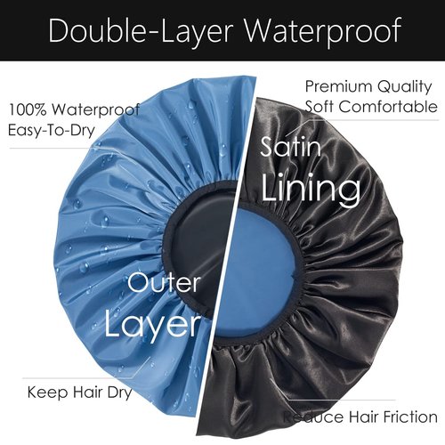 Auban Extra Large Shower Cap, Double-Layer Waterproof Reusable Satin Lining XL Shower Bonnet for Women Long Hair, Braids, Locs, perms