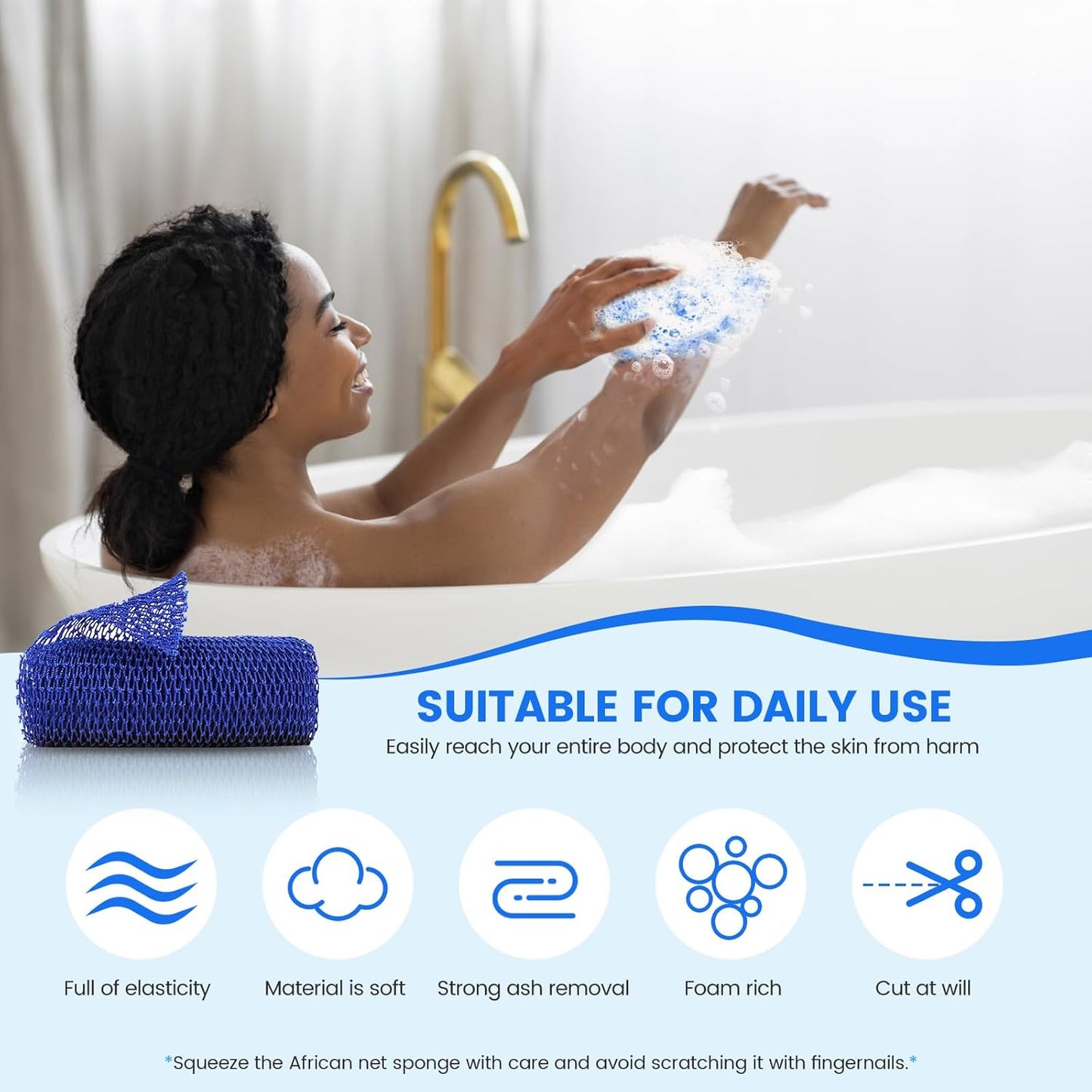 ZOCY Exfoliating Body Scrubber - Authentic African Net Sponge for Gentle Deep Cleansing | Blue