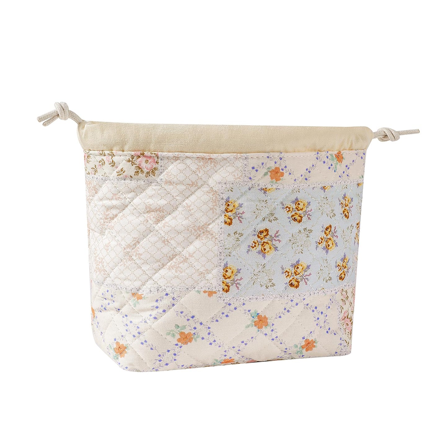 Cotton Quilted Drawstring Makeup Bag with Canvas Lining,Coquette Aesthetic Cute Travel Toiletry Bag,Drawstring Gift Bag for Women and Girls（08Pink Flower）