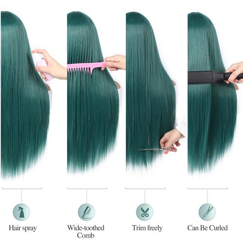 WIGER Long Green Wigs with Bangs Straight Dark Green Hair Wig for Women Long Bangs wig Full Green Cosplay Wig for Girls Synthetic Natural Hair for Daily or Costumes (Green with Bangs)