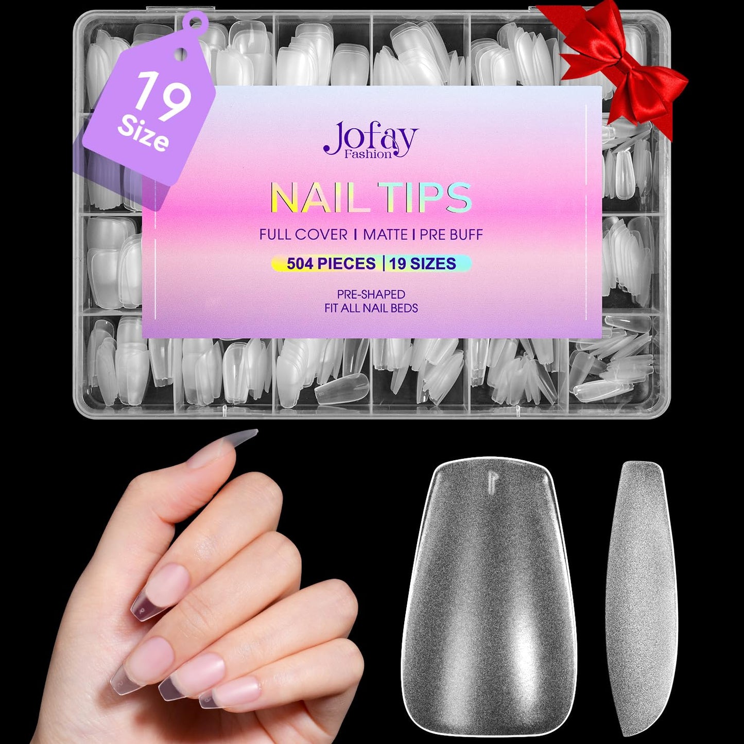 Short Coffin Nail Tips 504Pcs, Jofay Fashion Full Matte Gel Nail Kit, Full Cover Clear Acrylic Nail Tips, Pre-Shaped & Etched Fake Nails Coffin Press on Nails False Nails for Nail Extensions 19 Sizes