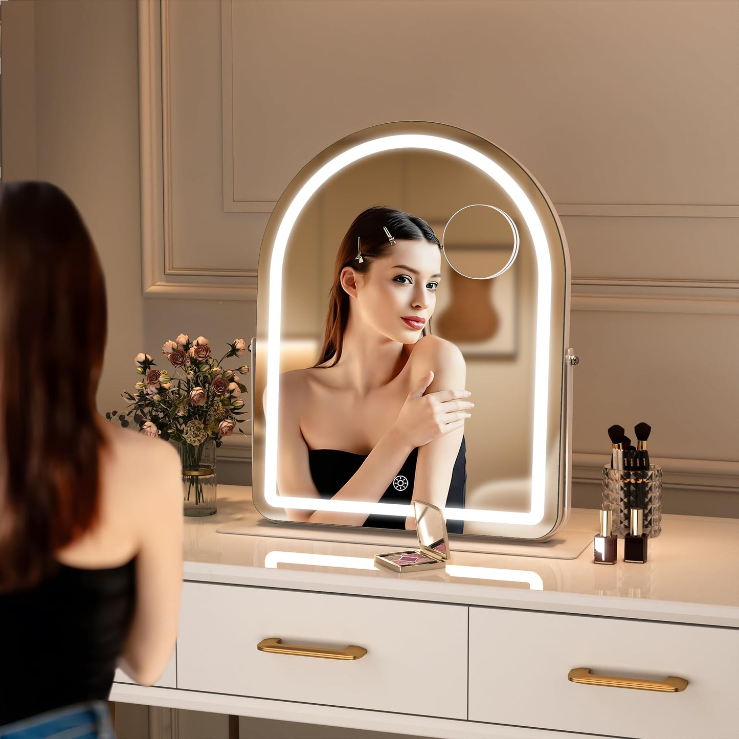 Hasipu Vanity Mirror with Lights, 12"× 13.8" Arched LED Makeup Tabletop Mirror, Lighted Makeup Mirror with Lights, Smart Touch Control Dimmable 3 Modes Light 360°Rotation White
