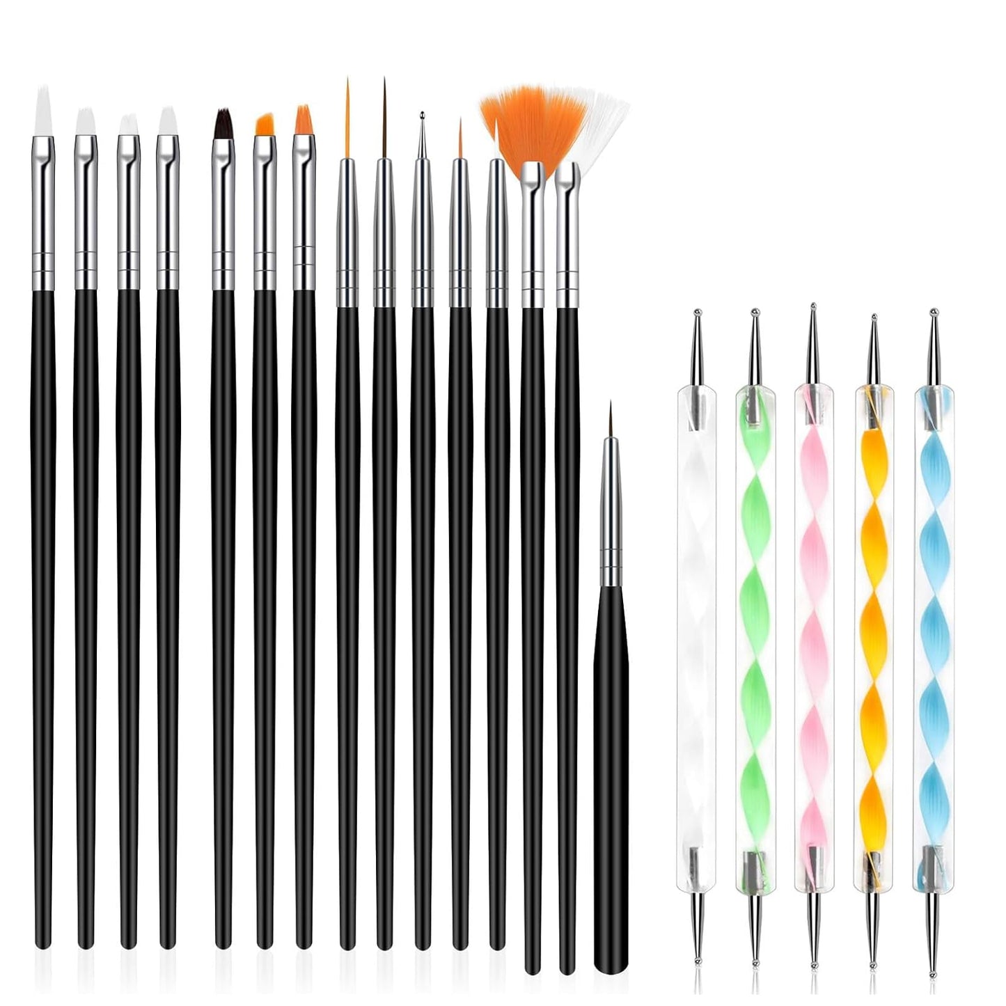 Whmeolyo 20Pcs Nail Art Brushes Tool Set, Nail Art Double-End Tools, Nail Liner Brushes, Silicone Pen Dotting Pen Tools Nail Art Kit for Home Nail Art DIY Salon Use-Black