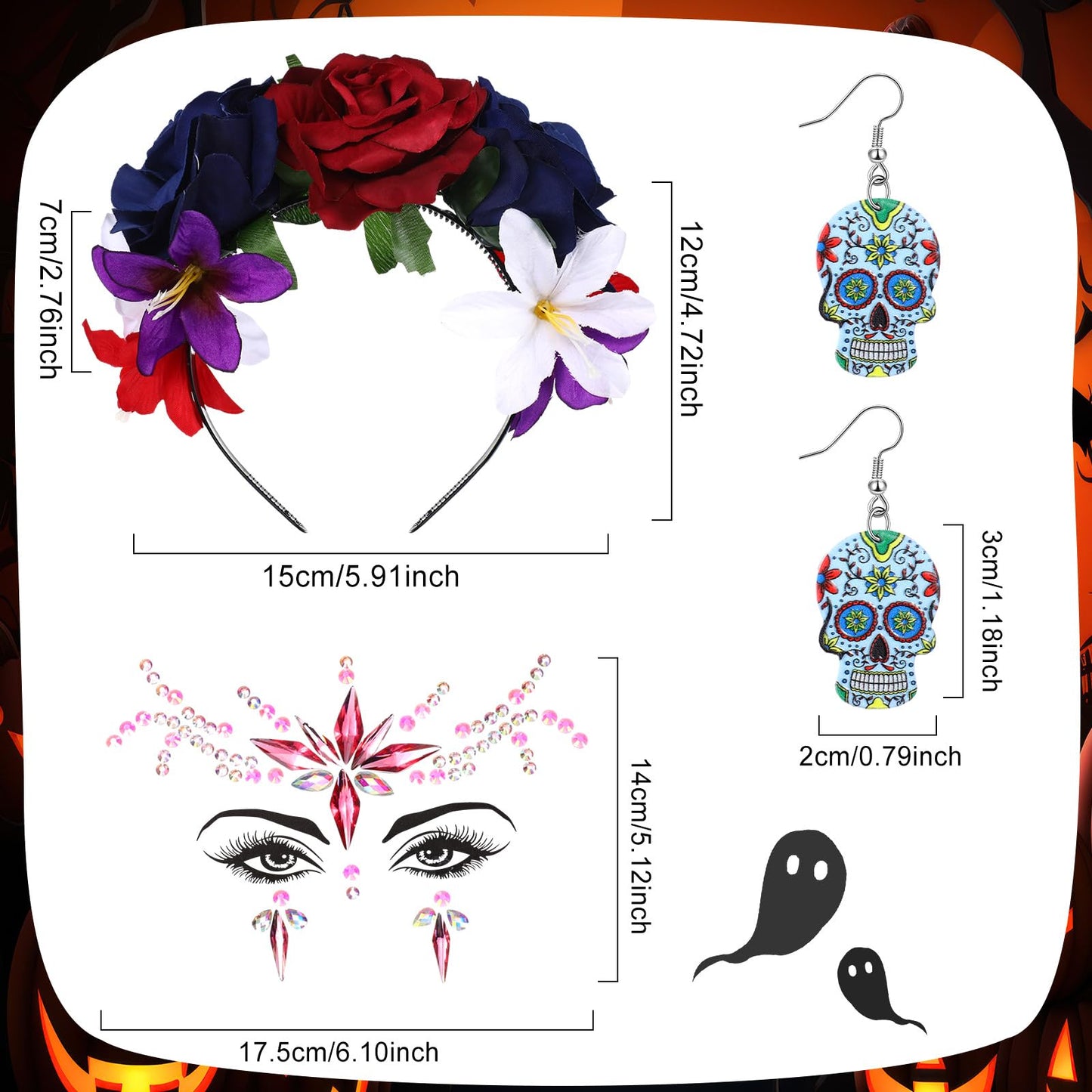 Riceshoot 3 Pcs Day of the Dead Costumes Accessories for Women Halloween Headbands Skull Earrings Gems(Blue Hue)