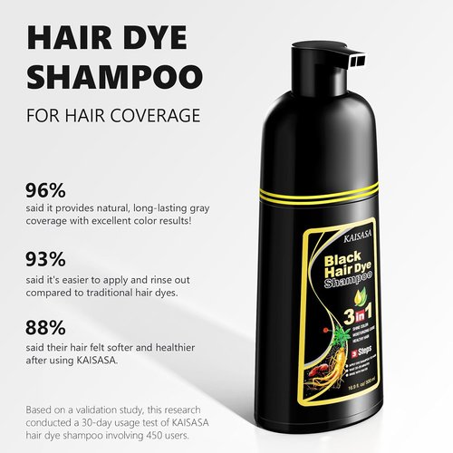 KAISASA Black Hair Dye Shampoo - 3 in 1 Formula for Gray Hair Coverage | 500ml Black Color