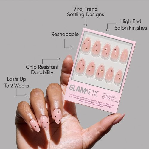 Glamnetic Press On Nails - Pink Comet | Short Almond Fake Nails in Pale Blush Pink with Lavender 3D Gems in a Glossy Finish, Salon Quality | 15 Sizes - 30 Nail Kit with Glue