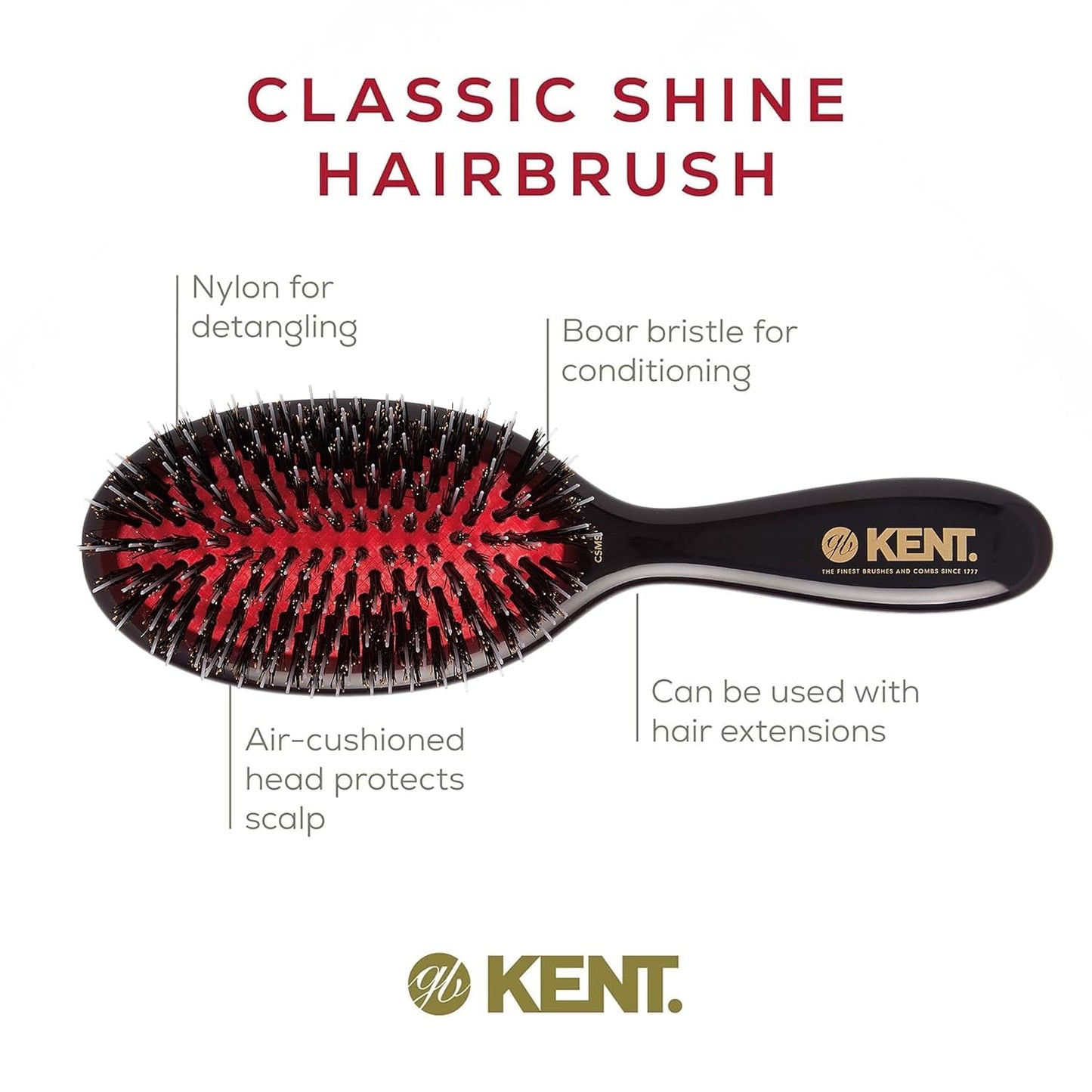 Kent CSMS Classic Shine Straightening Brush - Natural Black Boar Bristle & Nylon Quills for Short to Shoulder Length Hair