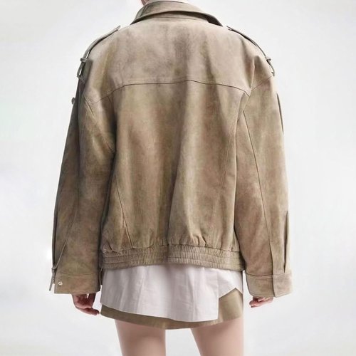 FindThy Women's Suede Leather Jacket - Vintage High Collar, Long Sleeve, Oversized Coat with Pockets