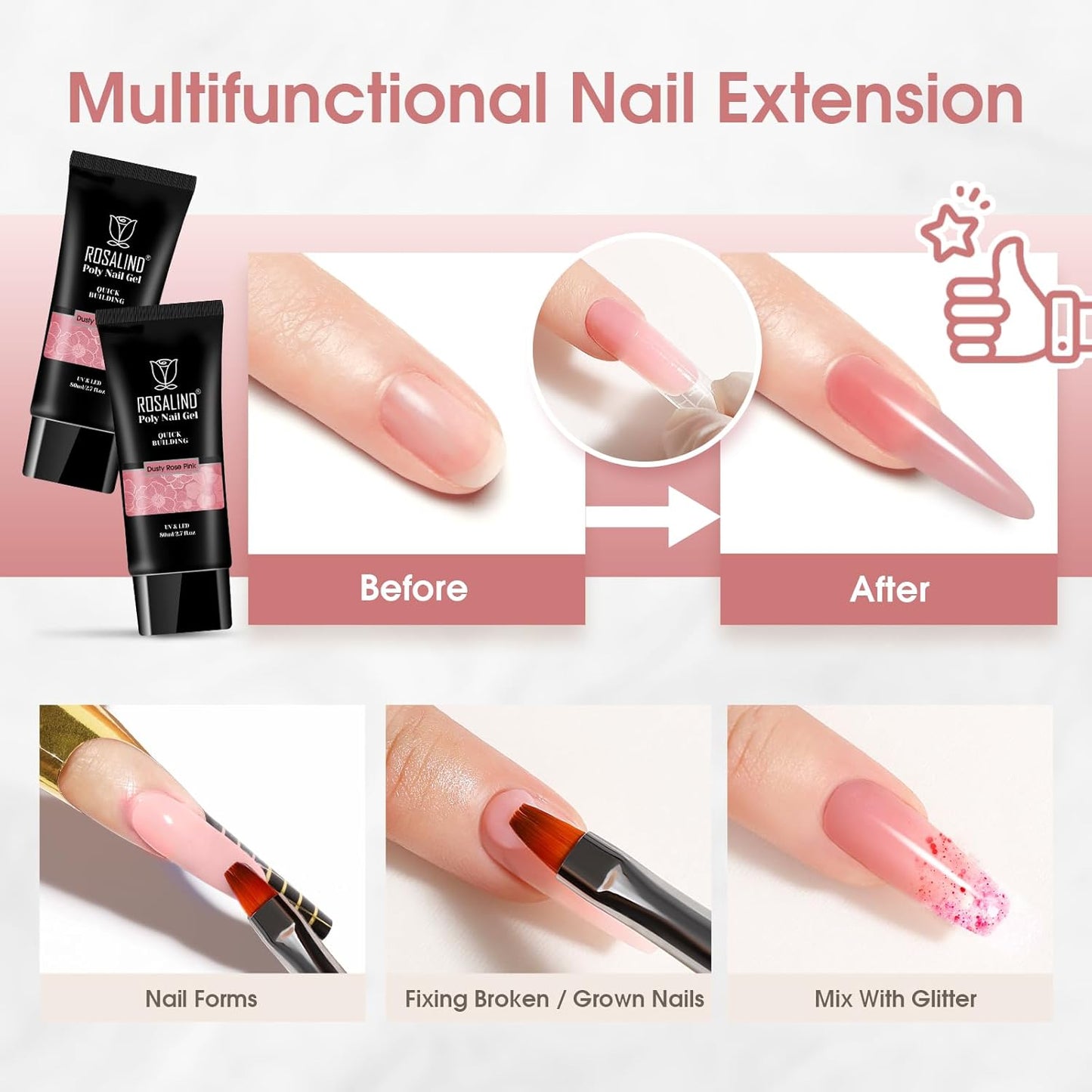 Nude Poly Extension Gel, ROSALIND 2.7 oz Light Nude Poly Nail Gel Builder for Nail Art Decoration, Thickening Extension Easy to DIY Use at Home Need UV Lamp