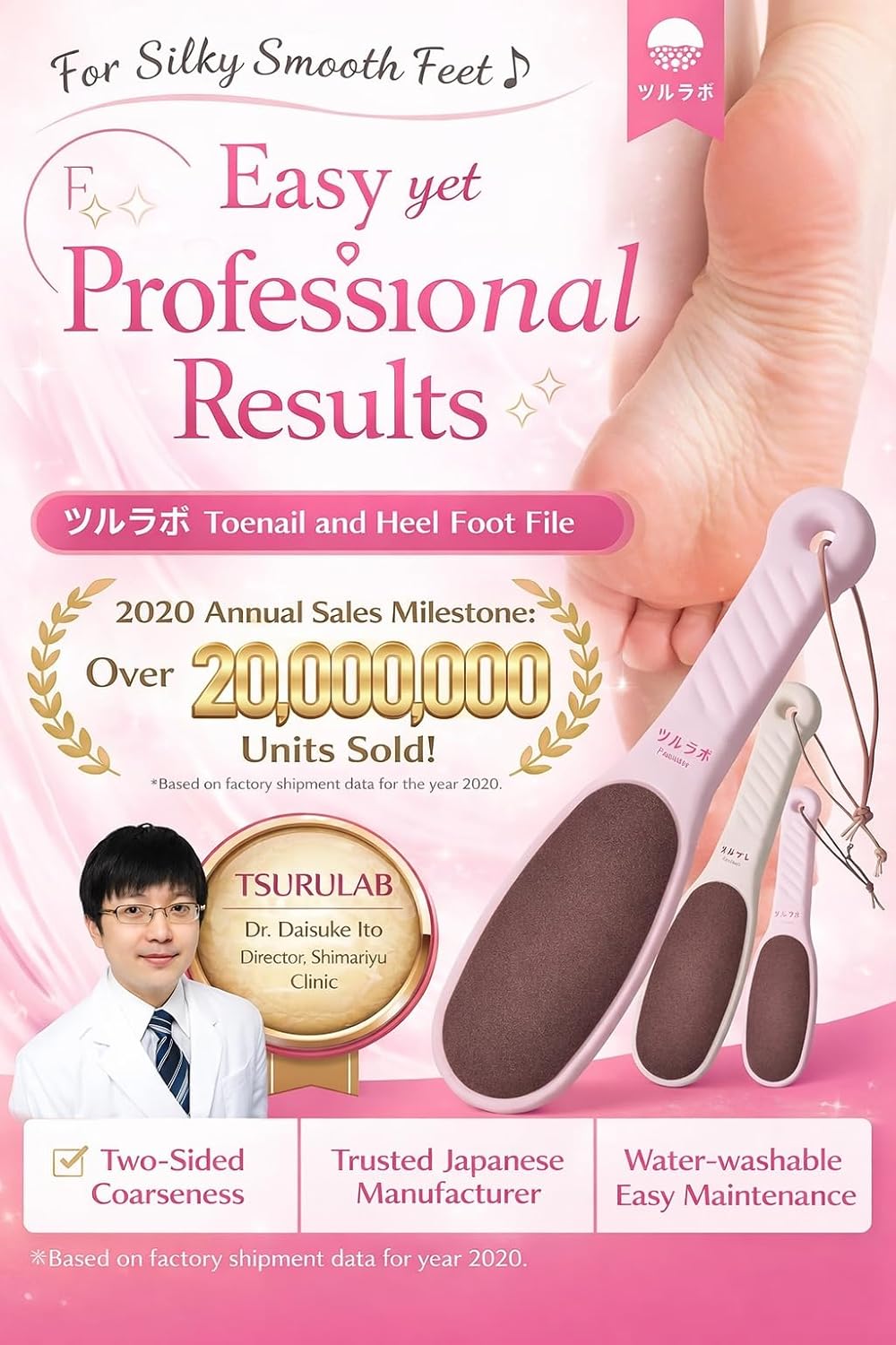 TSURULABO Foot File - Dual-Sided Coarse & Fine Design | Water-Resistant Pink Callus Remover