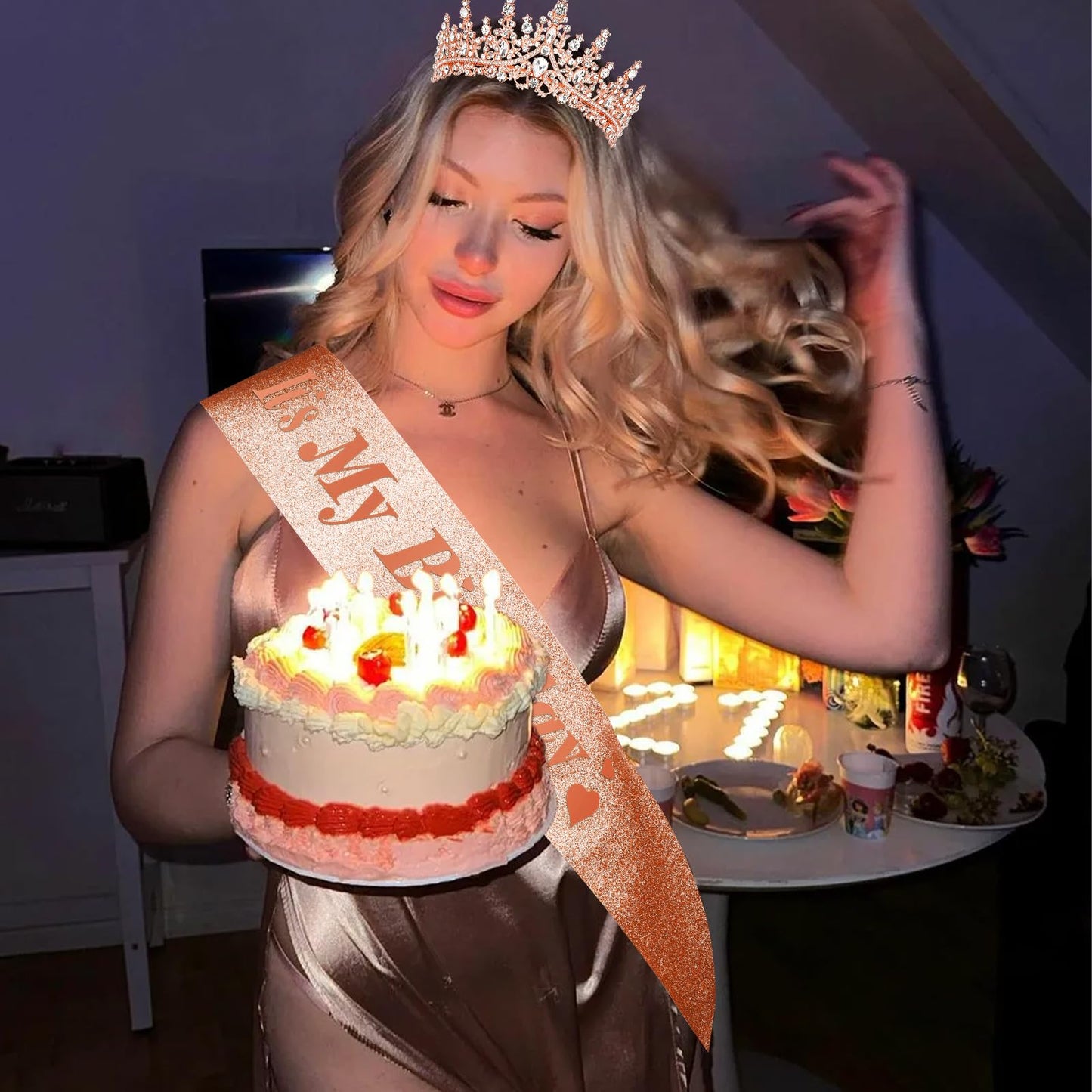 CURASA Birthday Sash and Crown Rose Gold Birthday Sash for Women Birthday Crown Adult Women Giltter Its My Birthday Sash Birthday Tiara for Women Girls Birthday Decoration Party Favors Gifts