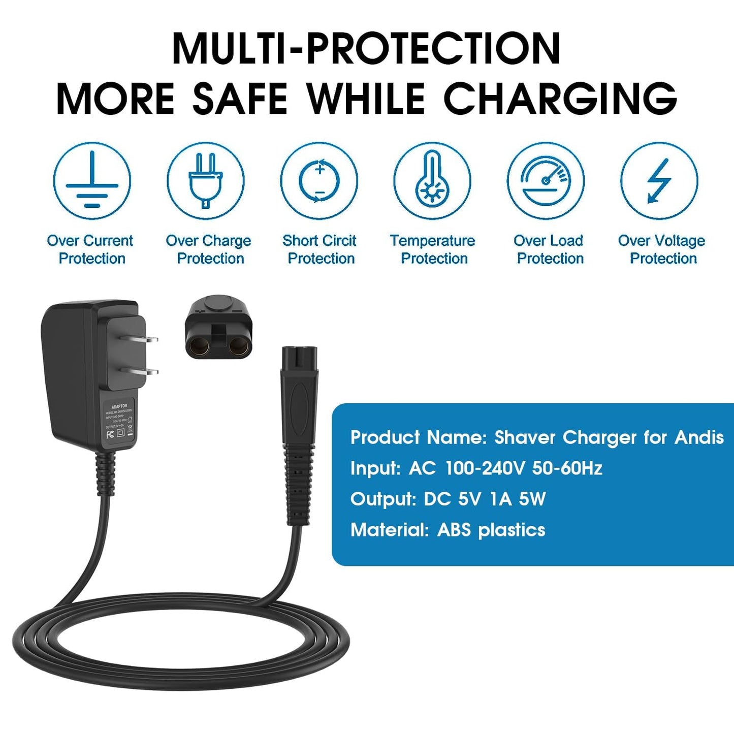 Andis 5V 1A Charger Adapter - Replacement Power Cord for 17150, 17165, TS-1 & TS-2 Foil Shavers